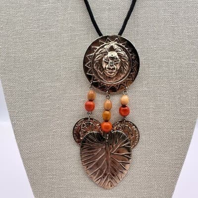 Vintage Copper Tone Lion Head Coin Leaf Pendant Cord Necklace Wooden Bead Boho