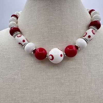 Vintage 60s Red & White Beaded Choker Necklace Chunky Polka Dot Women's Jewelry