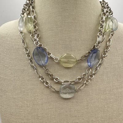 Vintage 90s Chunky Strands Necklace Lucite Bead Silver Tone Chain Layers Jewelry