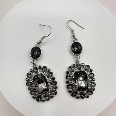 Vintage 90s Silver Tone Grey Glass Statement Dangle Earrings Fashion Jewelry Y2K