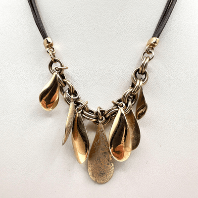 Vintage Y2K Boho Statement Necklace Gold Tone Teardrop Charms Multi Leather Cord