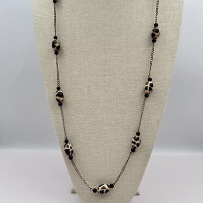 Vintage 90s Silver Tone Chain Necklace Cream & Black Spotted Oval Beaded Jewelry