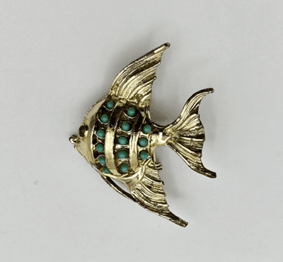 Vintage 80s Gold Tone Angel Fish Brooch Pin Turquoise Beaded Red Rhinestone