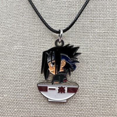 Vintage 90s Anime Sasuke Ramen Bowl Pendant Necklace Silver Tone Jewelry Boho