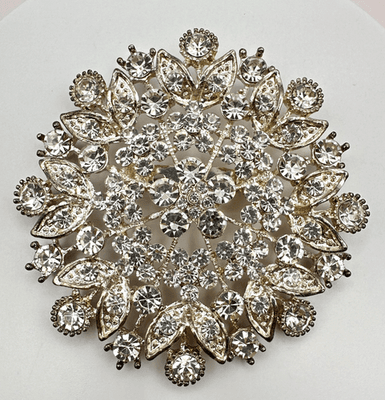 Vintage 80s Clear Glass Starburst Floral Brooch Silver Tone Statement Jewelry