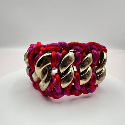 Vintage Y2K Chunky Gold Tone Curb Chain Bracelet Pink & Red Woven Rope Jewelry