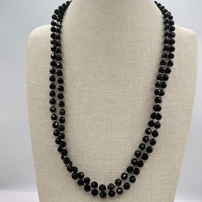 Vintage 90s Double Strand Black Glass Beaded Necklace Silver Tone Jewelry Retro