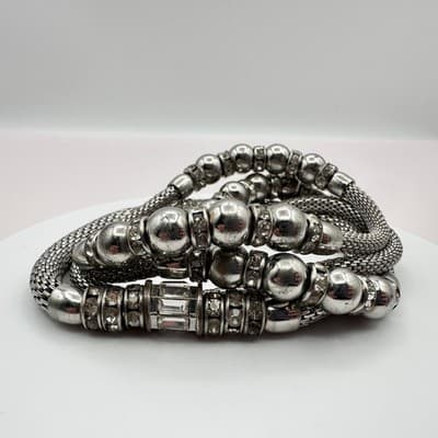 Vintage Y2K Rhinestone Silver Tone Beaded Mesh Chain Wrap Bracelet Jewelry Y2K