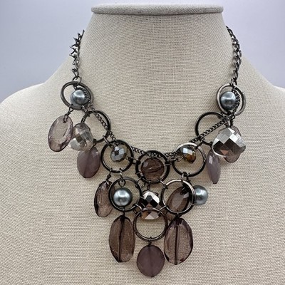 Vintage 90s Faux Pearl Beaded Gunmetal Bib Necklace Statement Women's Jewelry