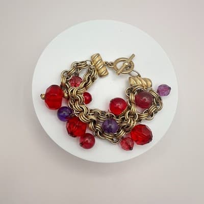 Vintage 90s Deja Designs Red & Purple Beaded Charm Bracelet Gold Tone Jewelry