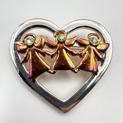 Vintage 90s Silver & Gold Tone Heart Brooch Pin Angels AB Rhinestone Jewelry Y2K