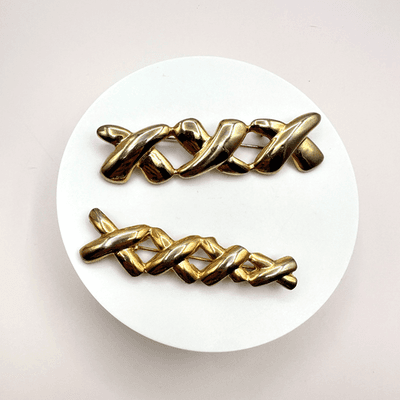 Vintage 90s Gold Tone Abstract X Glossy Brooch Pin Set Textured Women's Jewelry