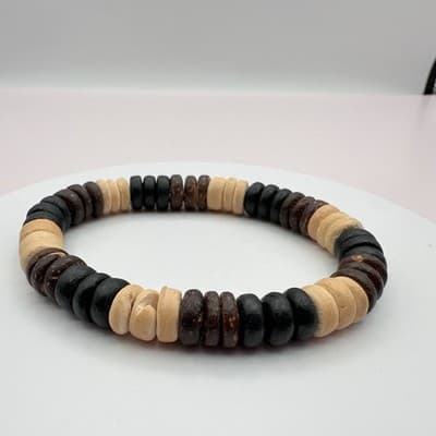 Vintage 90s Wood Bead Stretch Bracelet Earth Tone Coconut Heishe Brown Jewelry
