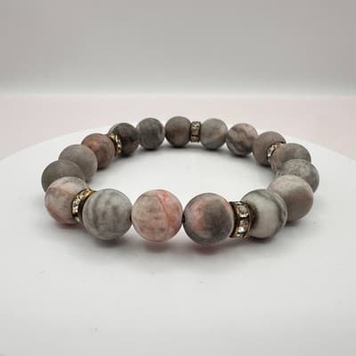 Vintage 70s Pink Gray Marble Stone Bead Stretch Bracelet Spacer Beads Jewelry