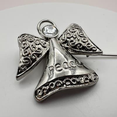 Vintage Y2K Peace Rhinestone Guardian Angel Silver Tone Brooch Pin Jewelry 90s