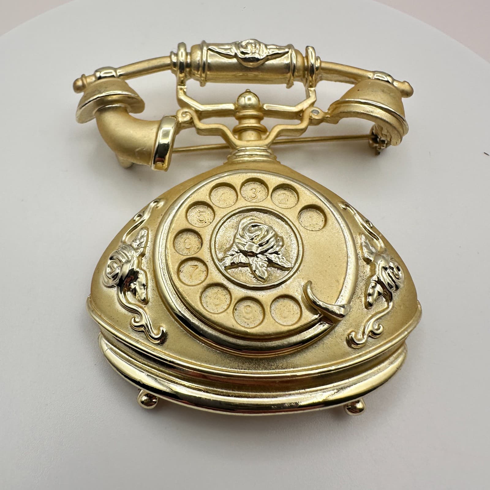 Vintage 80s Floral Rotary Telephone Brooch Pin Gold Tone Jewelry
