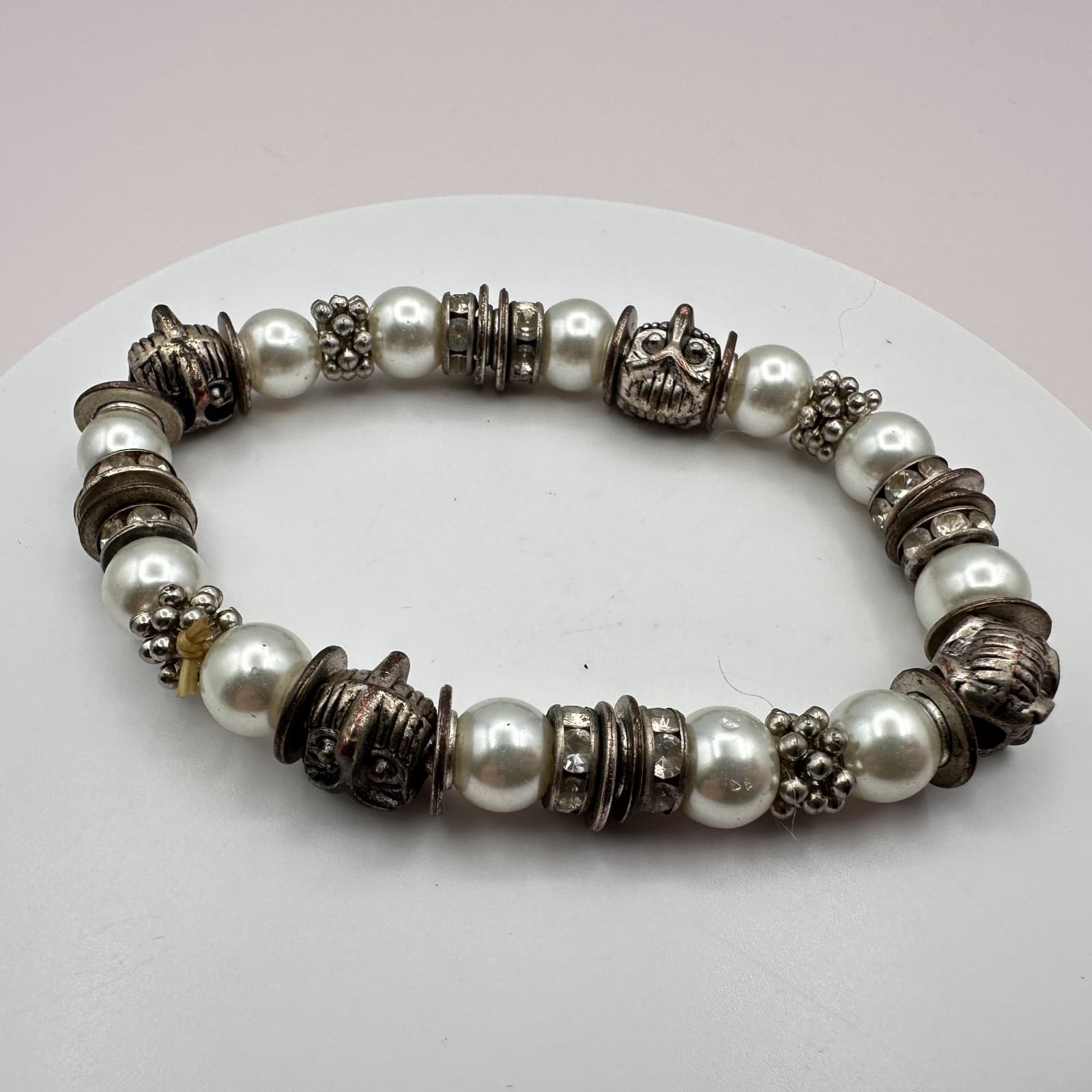 Vintage 90s Silver Owl Faux Pearl Beaded Stretch Bracelet Boho Eclectic Jewelry