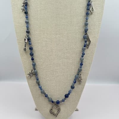 Vintage 90s Blue Stone Beaded Multi Charm Silver Tone Necklace Boho Jewelry Y2K