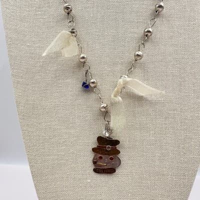 Vintage 90s Metal Snowman Pendant Silver Tone Beaded Necklace Ribbon Jewelry Y2K