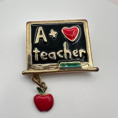 Vintage 90s Teacher A+ Blackboard Brooch Pin Gold Tone Red Apple Dangle Enamel