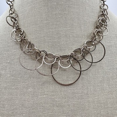 Vintage 90s Silver Tone Multi Circle Link Statement Necklace Boho Modern Jewelry