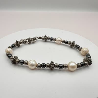 Vintage 90s Faux Pearl Beaded Silver Tone Bracelet Boho Women's Classic Jewelry
