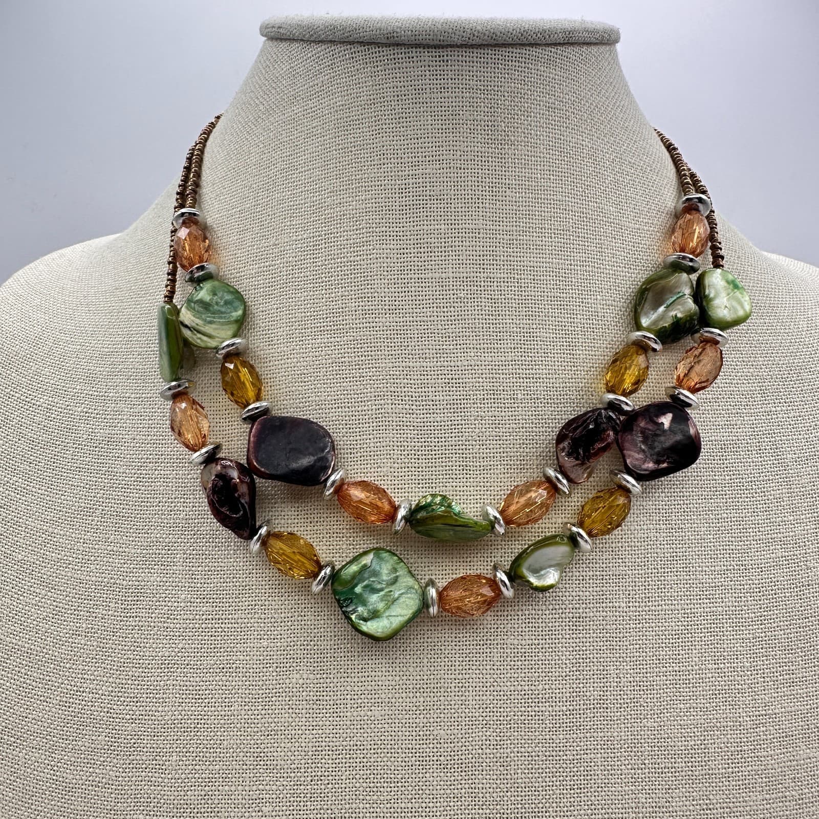 Vintage 90s Multi-Strand Shell & Earth Tone Beaded Necklace Statement Jewelry