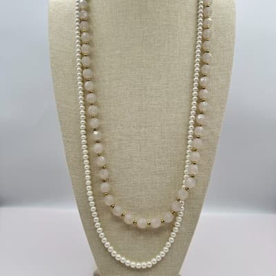Vintage 80s Double Strand Pearl Faceted Glass Beaded Necklace Fashion Jewelry