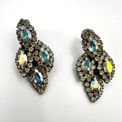 Vintage 80s AB Rhinestone Marquise Earrings Silver Tone Statement Women's Jewelr