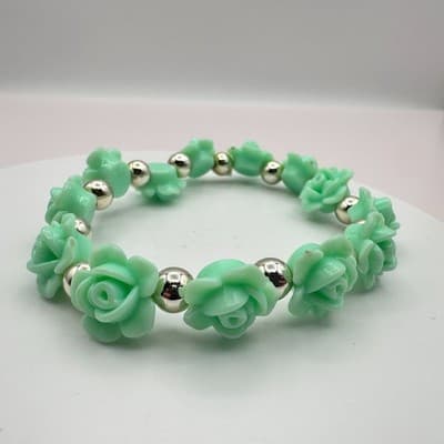 Vintage Y2K Beaded Silver Tone Mint Green Rose Floral Stretch Bracelet Jewelry
