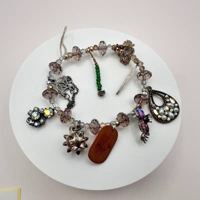 Vintage 90s Pearl & Rhinestone Beaded Spiky Silver Wooden Charm Bracelet Jewelry