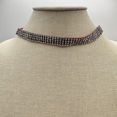 Vintage Y2K Multi Row Clear Rhinestone Choker Necklace Red Fabric Backing Glam