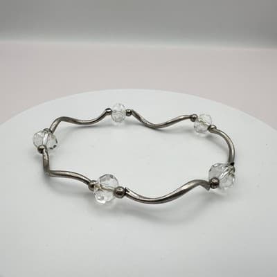 Vintage 90s Silver Tone Wave Link Bracelet Clear Glass Beaded Women's Jewelry