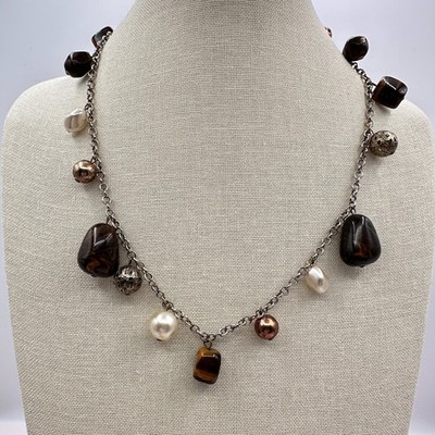 Vintage 90s Silver Tone Beaded Charm Link Chain Necklace Women's Jewelry Boho