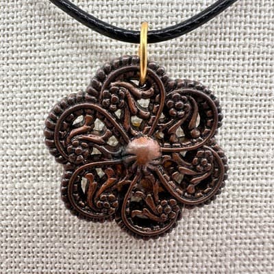 Vintage 90s Black Cord Brown Flower Pendant Necklace Silver Tone Jewelry Retro