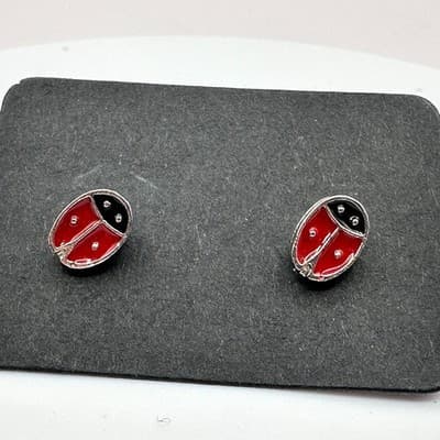 Vintage 90s Red Enamel Ladybug Stud Earrings Silver Tone Jewelry Dainty Nature