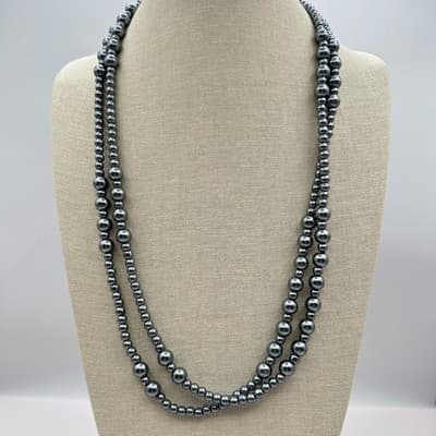 Vintage 90s Y2K Grey Double Strand Beaded Necklace Retro Women's Classic Jewelry