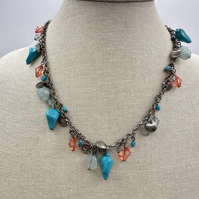 Vintage 90s Silver Tone Turquoise Glass Beaded Charm Link Chain Necklace Jewelry