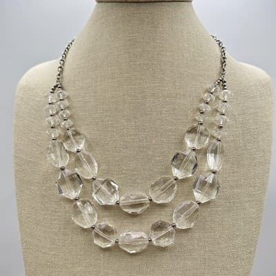 Vintage 90s Double Strand Clear Acrylic Beaded Necklace Silver Tone Jewelry Bib