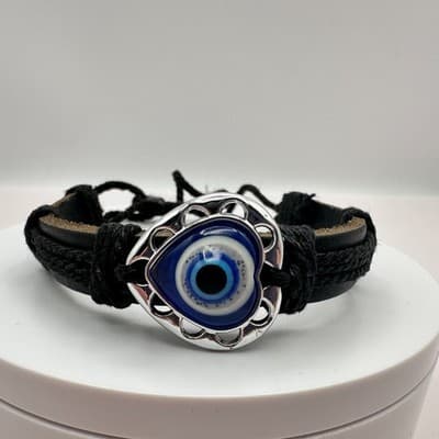 Vintage 80s Silver Tone Eye Heart Black Leather Cord Wrap Bracelet Bngle Jewelry