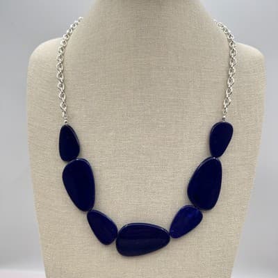 Vintage 90s Chunky Blue Stone Bib Necklace Silver Tone Women's Jewelry Boho Y2K