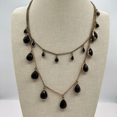 Vintage 90s Multi Layer Black Crystal Teardrop Necklace Gold Tone Jewelry Y2K