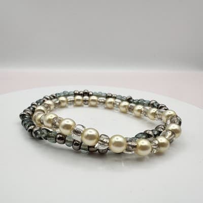 Vintage 90s Faux Pearl Beaded Stretch Bracelets Set Women's Classic Jewelry Y2K