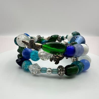 Vintage Y2K Memory Wire Wrap Beaded Bracelet Shell Turtle Starfish Jewelry Y2K