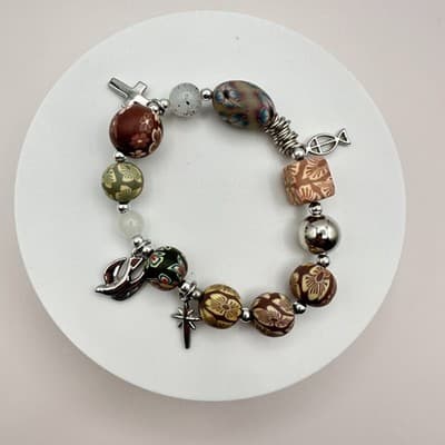 Vintage 90s Millefiori Polymer Clay Bead Silver Tone Religious Charm Bracelet