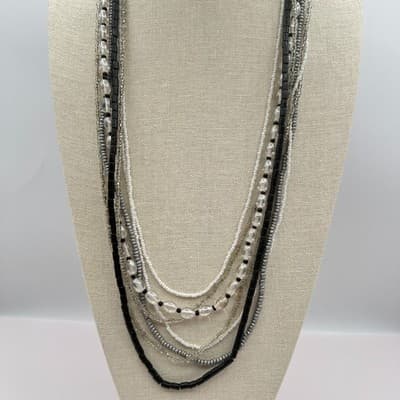 Vintage 90s Multi-Strand Beaded Layered Necklace Seed Bead Clear Glass Boho Y2K