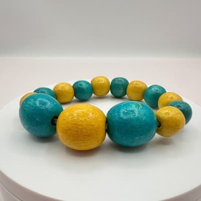 Vintage 80s Chunky Yellow Teal Wood Bead Stretch Bracelet Bangle Beach Jewelry