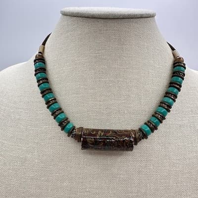 Vintage Y2K Teal Beaded Floral Paper Tube Statement Necklace Women's Jewelry 90s