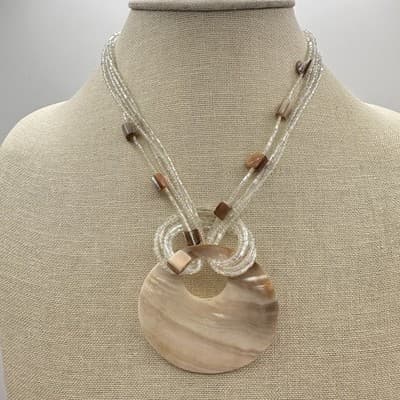Vintage Y2K Multi-strand Beads Pearl Shell Pendant Necklace Silver Tone Jewelry