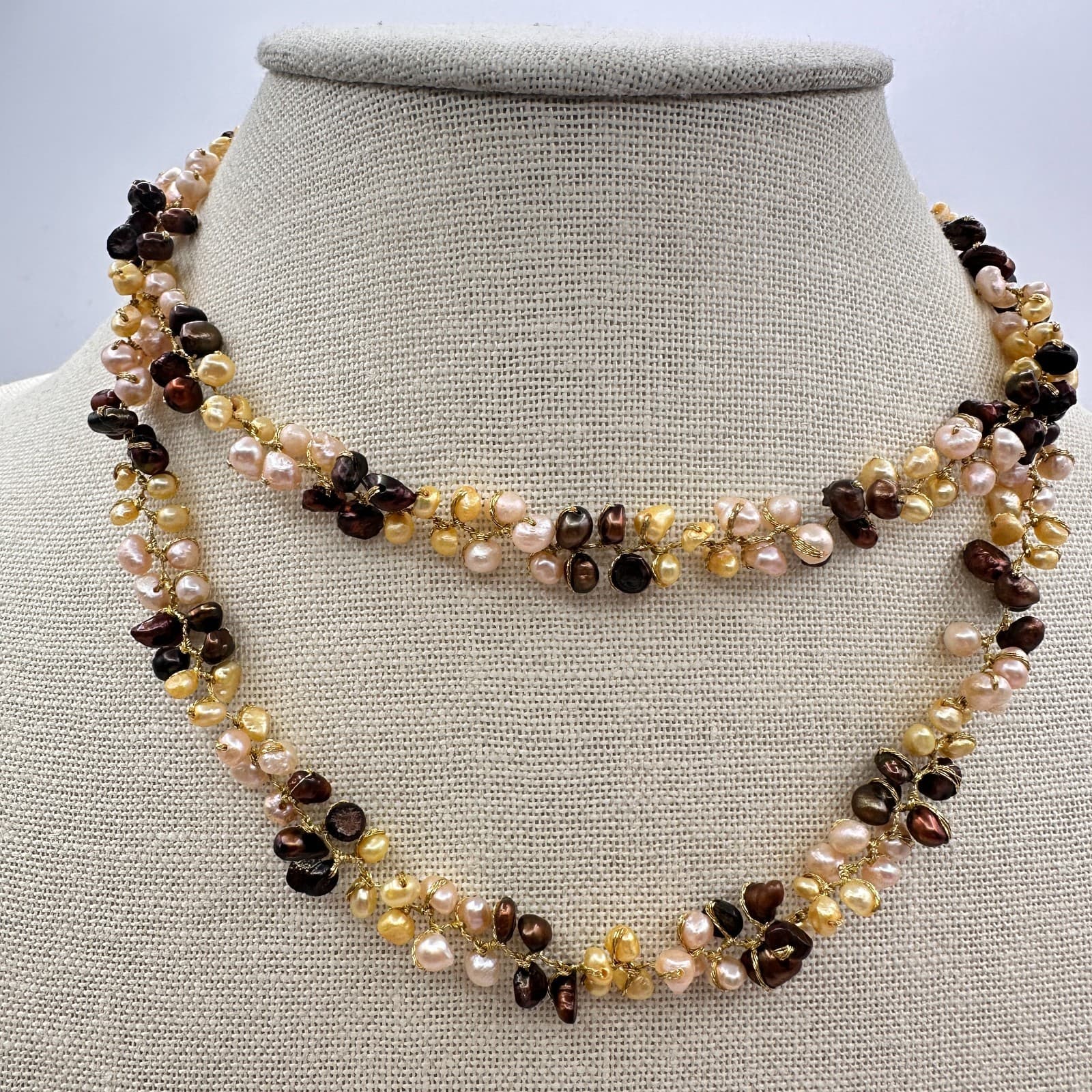 Vintage 90s Multi strand Wire Wrap Pearl Necklace Gold Tone Women's Jewelry Boho
